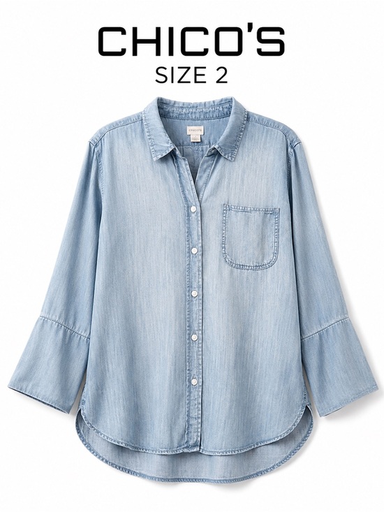 Chico's Tops - Chico's Light Blue 100 % Lyocell Button Front  Top with Pocket Detail SZ 2